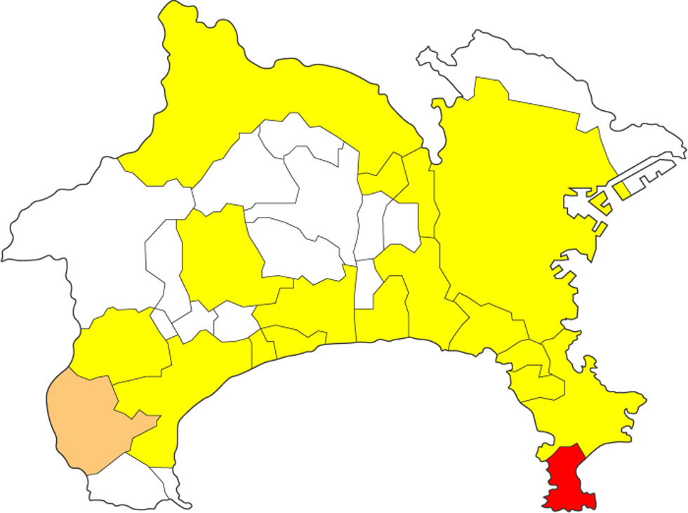 県北部、川崎市を除く県東部、湯河原町を除く県南部が黄色、三浦市は赤、箱根町は薄いオレンジ色