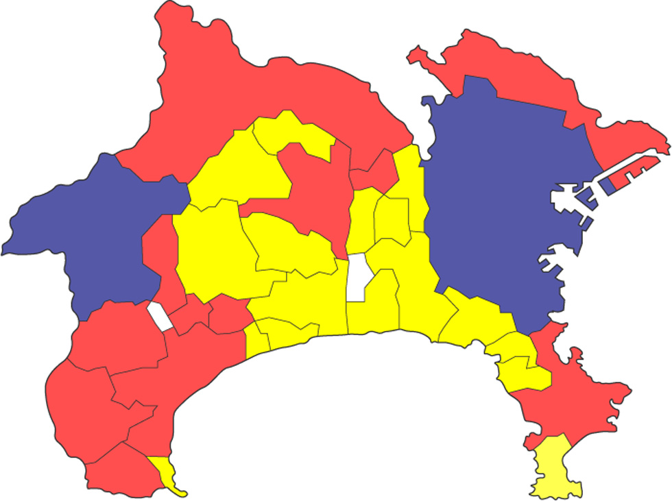 山北町と横浜市が紺（1000立米以上）、県北部、県東部、川崎市が赤、県央部は赤または黄色