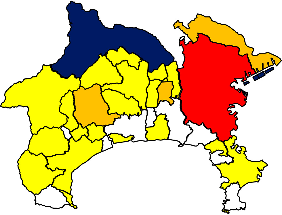 相模原市は紺（1000立米以上）、横浜市は赤（300平米以上1000平米未満）・その他のエリアでは黄色・薄いオレンジ色・白。令和４年度より改善